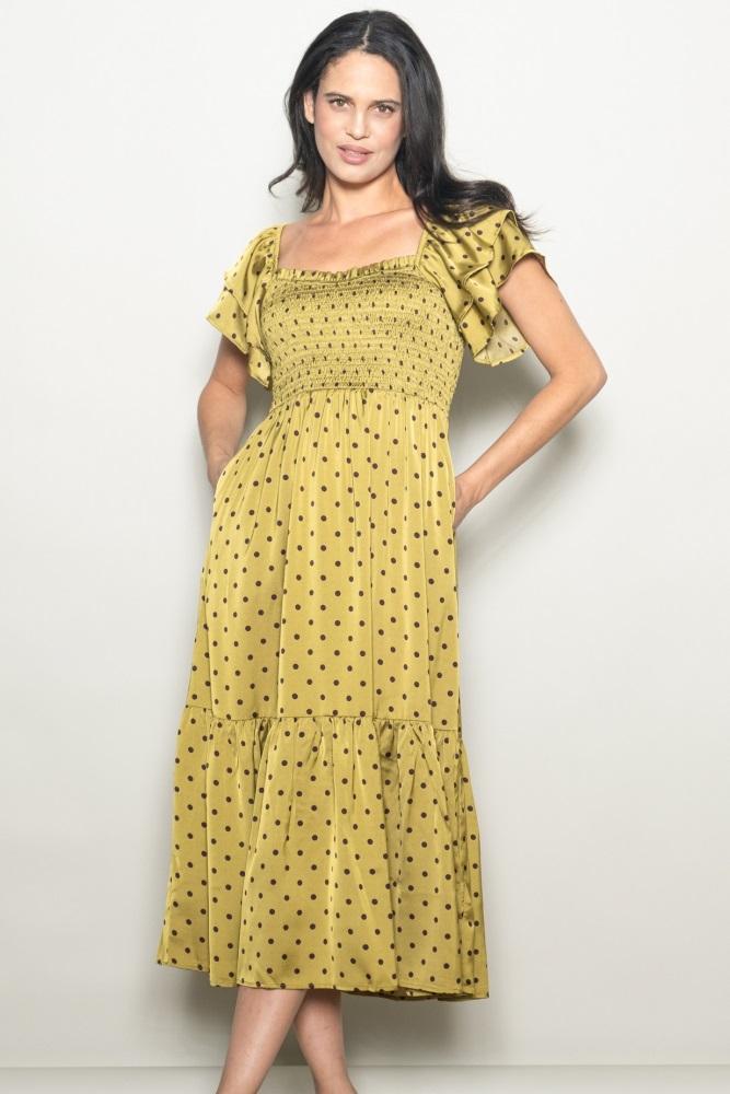 light olive polka dot satin smocked flutter sleeve dress