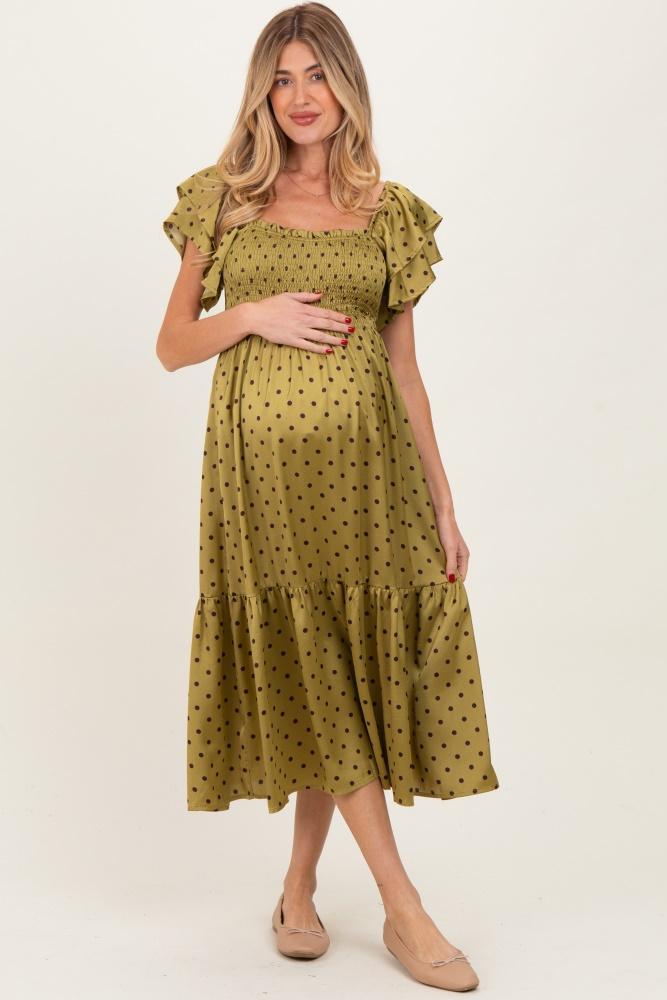 light olive polka dot satin smocked flutter sleeve maternity dress