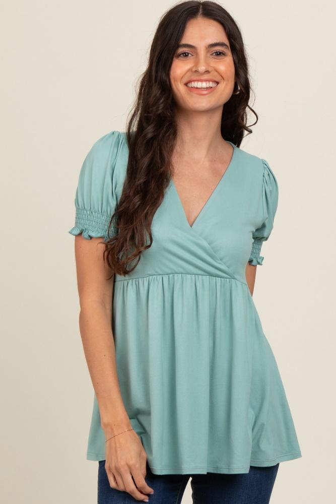 light olive puff sleeve crossover nursing top