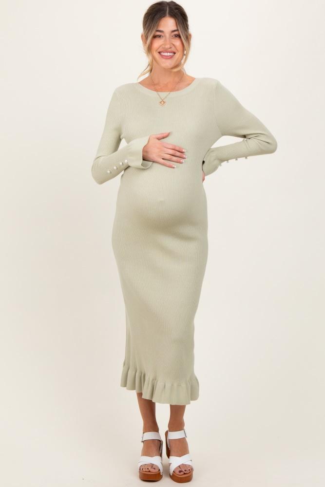 light olive ribbed knit bow back maternity maxi dress