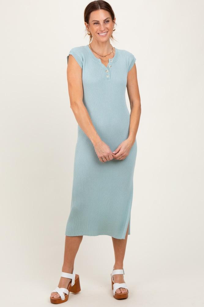 light olive ribbed knit button up sleeveless midi dress