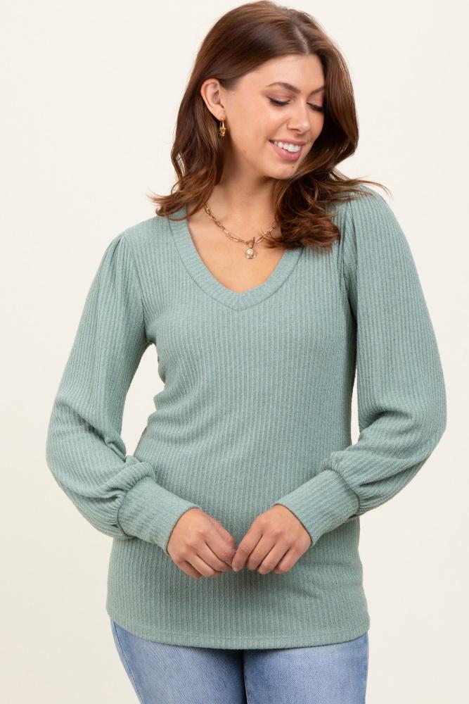 light olive ribbed knit v-neck button cuff top