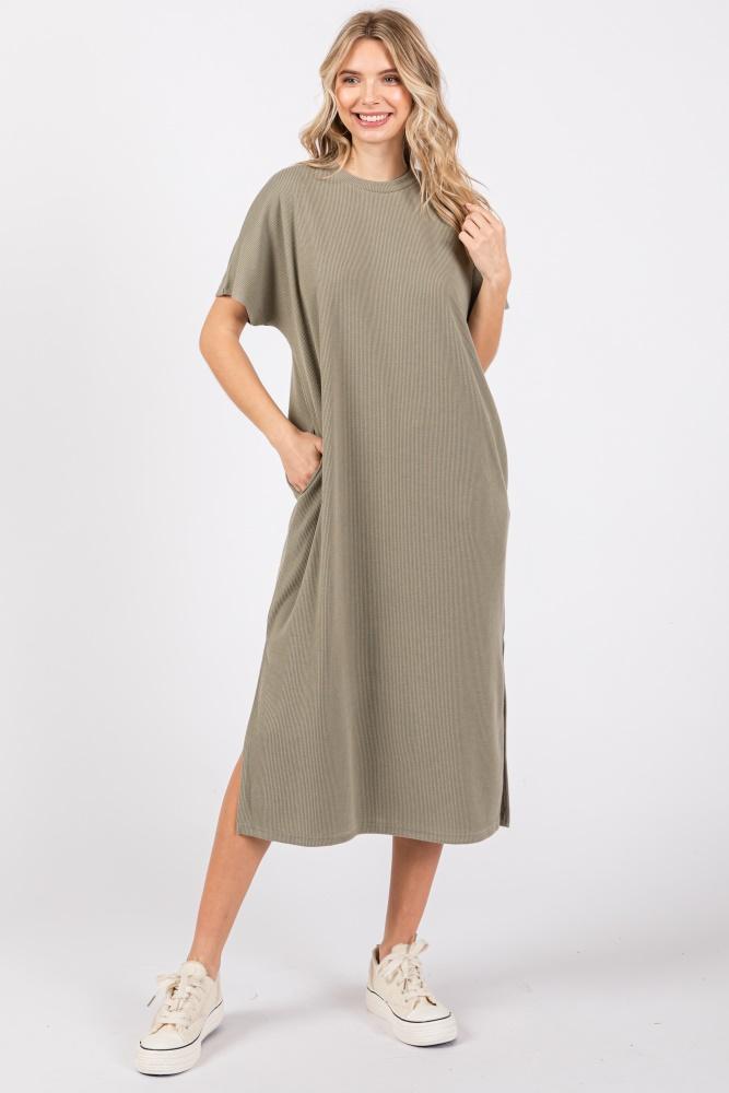 light olive ribbed short dolman sleeve side slit midi dress