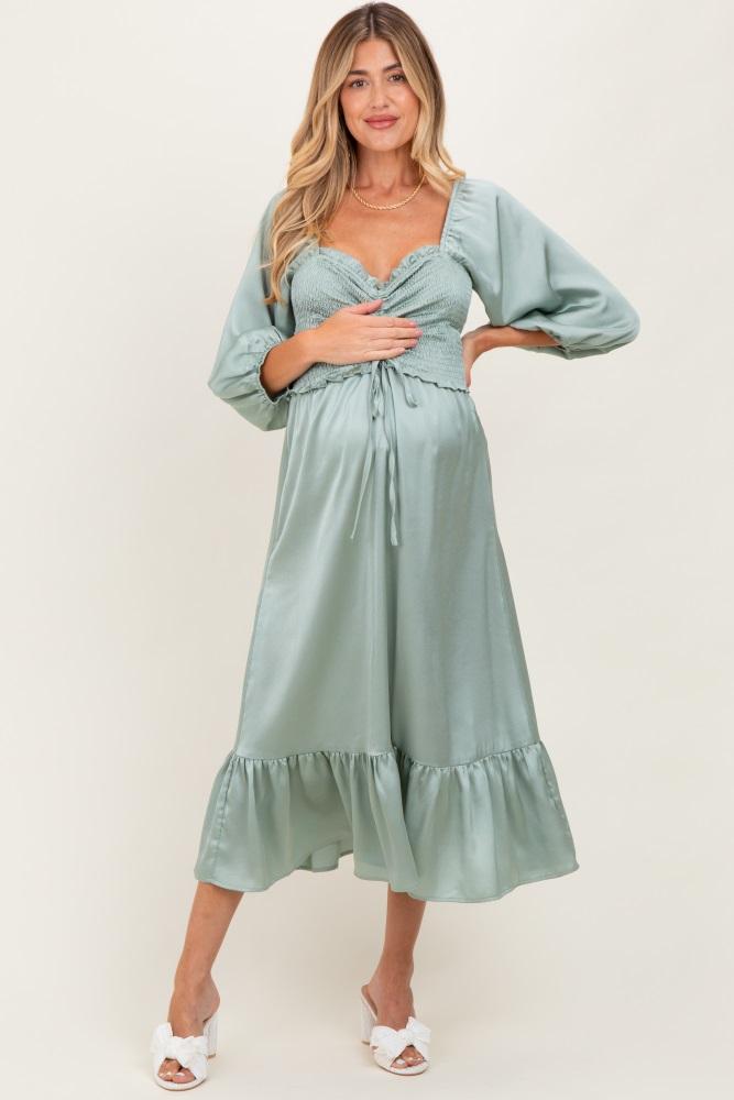 light olive satin smocked cinched bust maternity midi dress