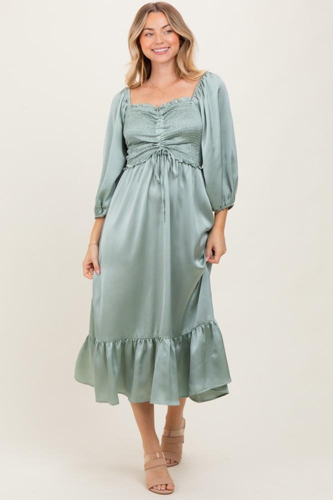 light olive satin smocked cinched bust midi dress