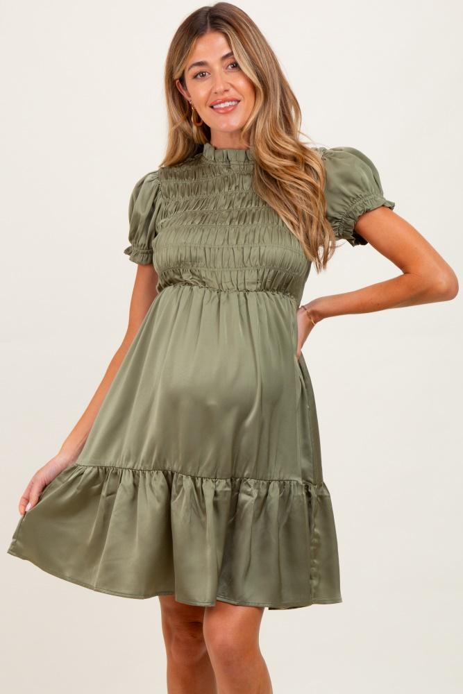 light olive satin smocked mock neck maternity dress