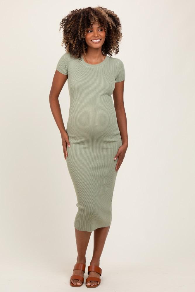 light olive short sleeve rib knit maternity midi dress