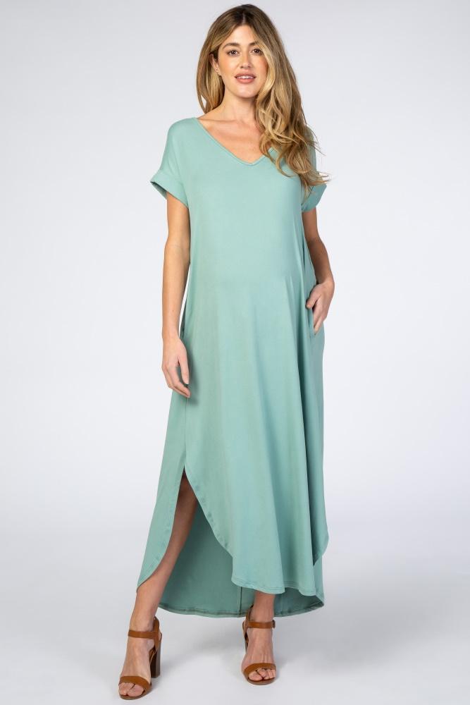 light olive side slit maternity maxi dress