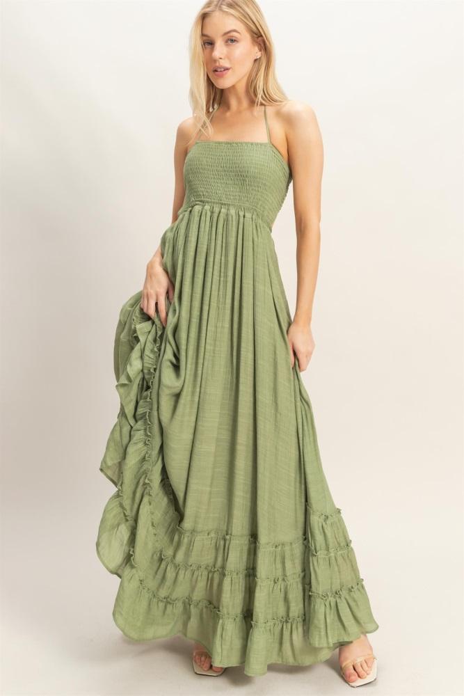 light olive smocked halter open back maxi dress