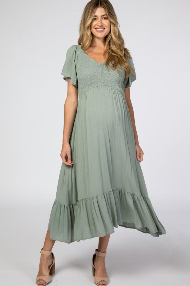 light olive smocked v-neck maternity midi dress