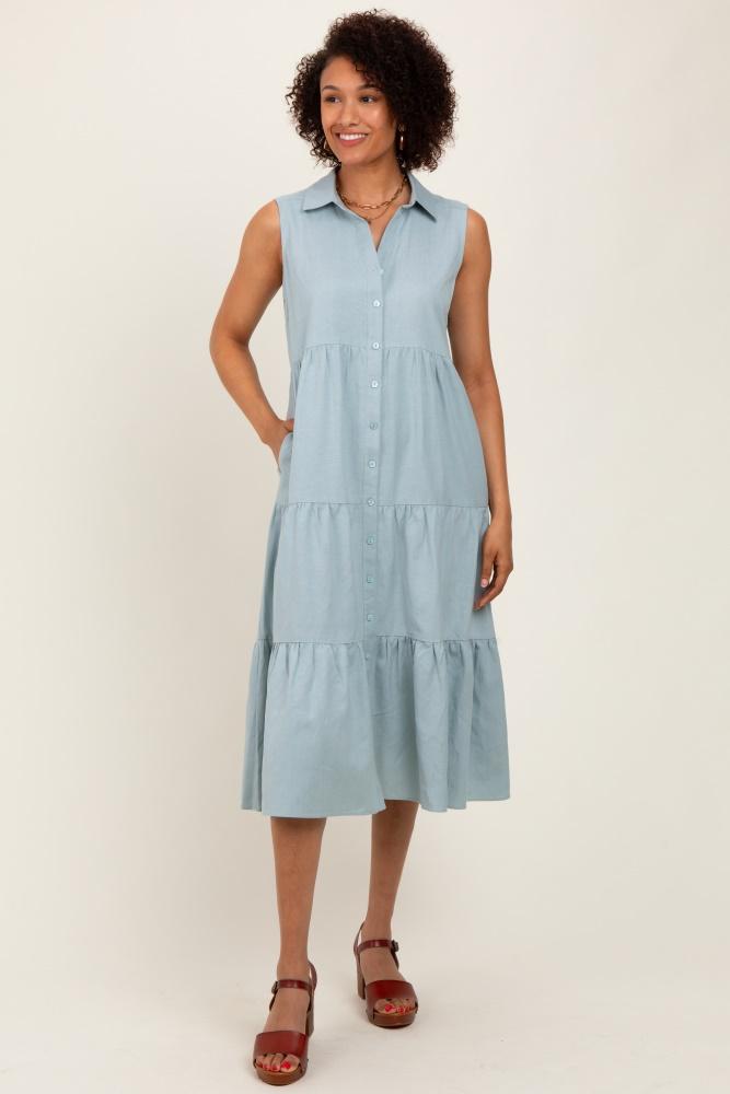 light olive tiered sleeveless midi shirt dress