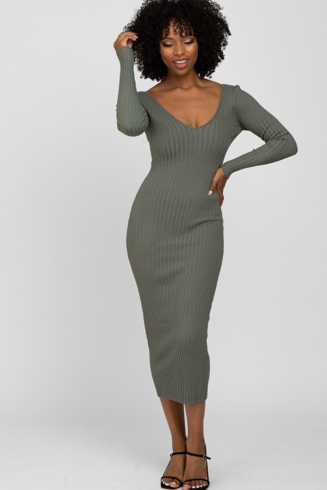 light olive v-neck long sleeve fitted maxi dress