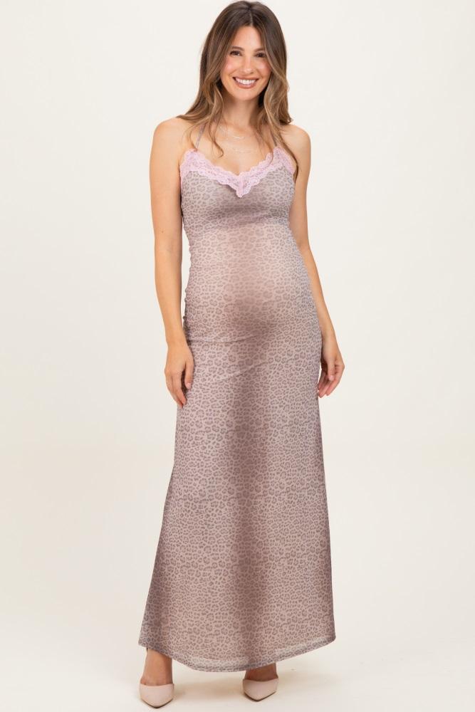 light pink animal print lace trim sleeveless maternity maxi