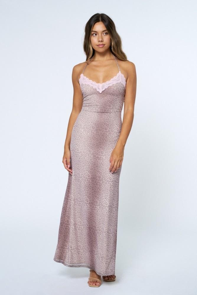 light pink animal print lace trim sleeveless maxi