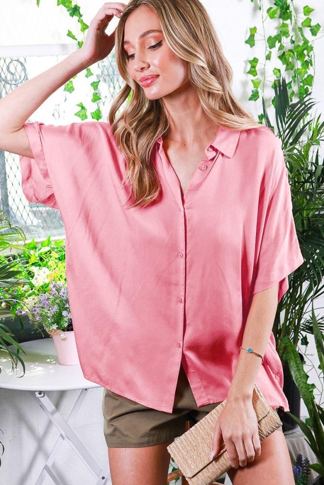 light pink dolman sleeve button down blouse