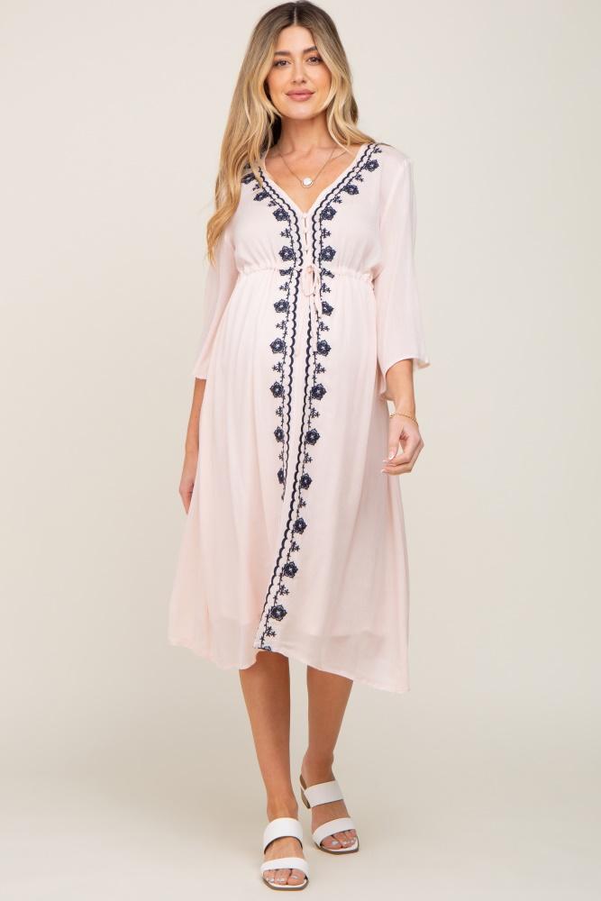 light pink floral embroidered 3/4 sleeve maternity midi dress