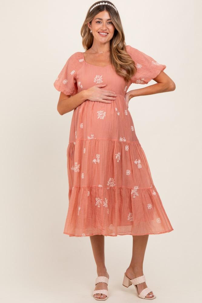 light pink floral embroidered tiered maternity midi dress