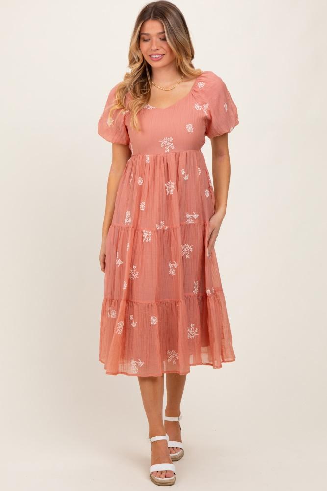 light pink floral embroidered tiered midi dress