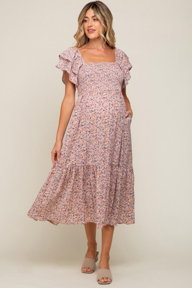 light pink floral flutter maternity midi dress