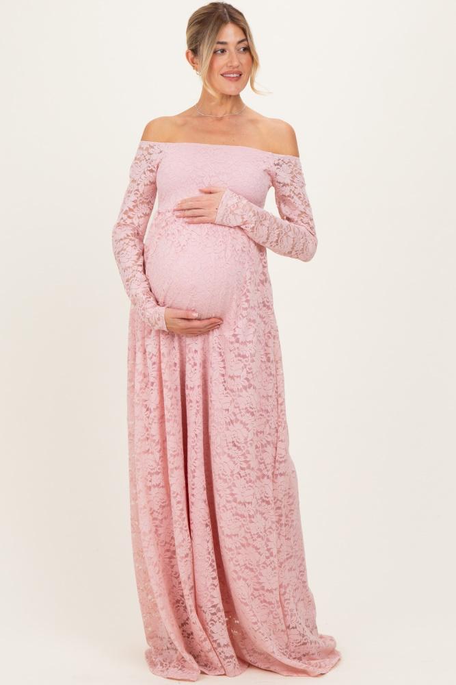 light pink floral lace long sleeve off shoulder maternity maxi dress