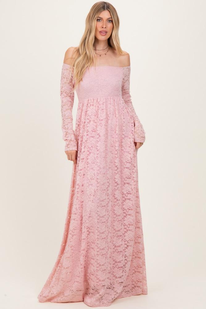 light pink floral lace long sleeve off shoulder maxi dress