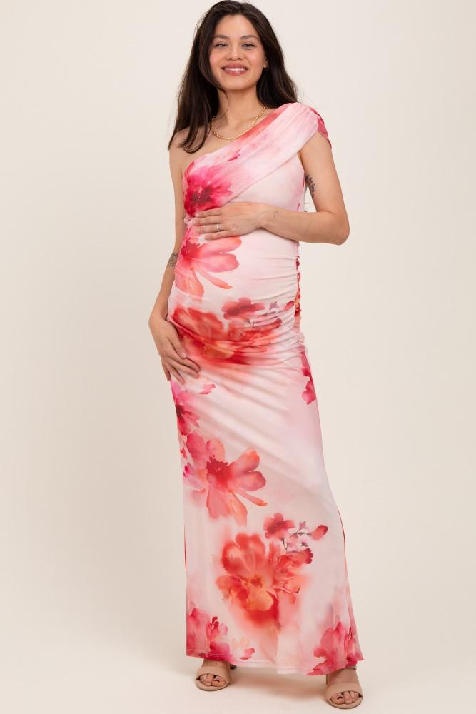 light pink floral one shoulder ruched maternity maxi dress