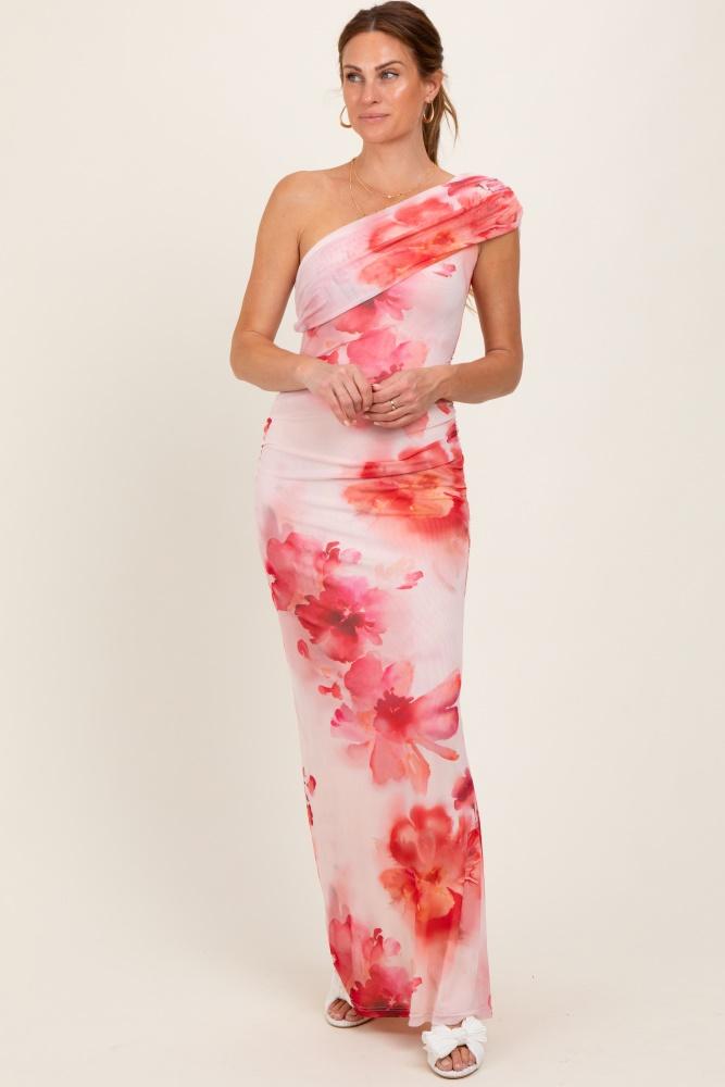 light pink floral one shoulder ruched maxi dress