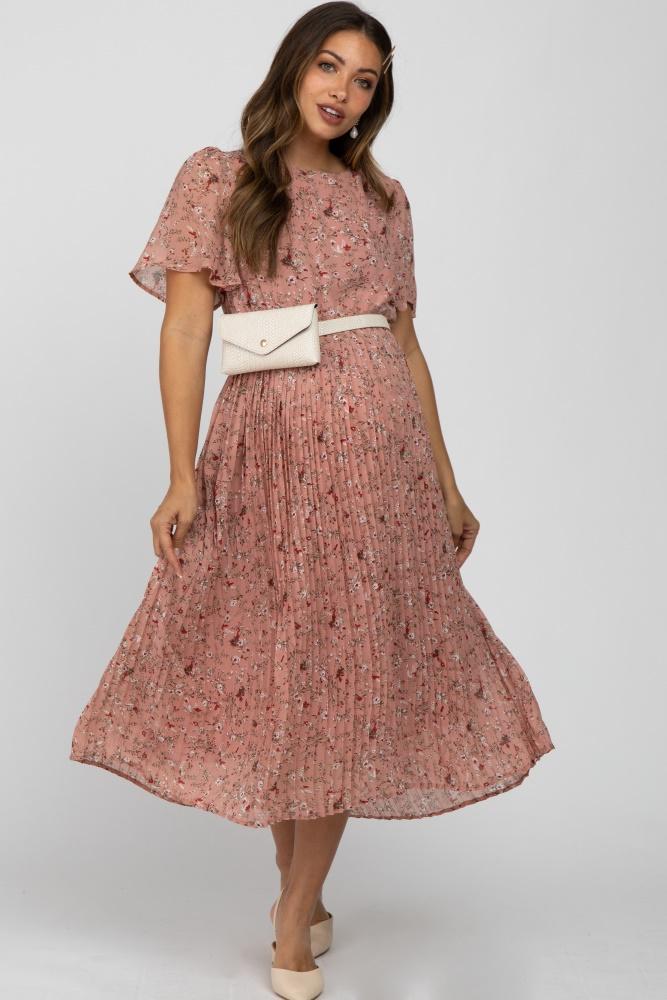light pink floral pleated short sleeve chiffon maternity midi dress