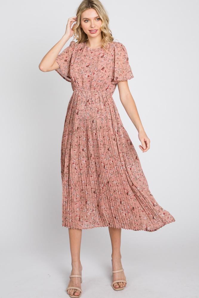 light pink floral pleated short sleeve chiffon midi dress