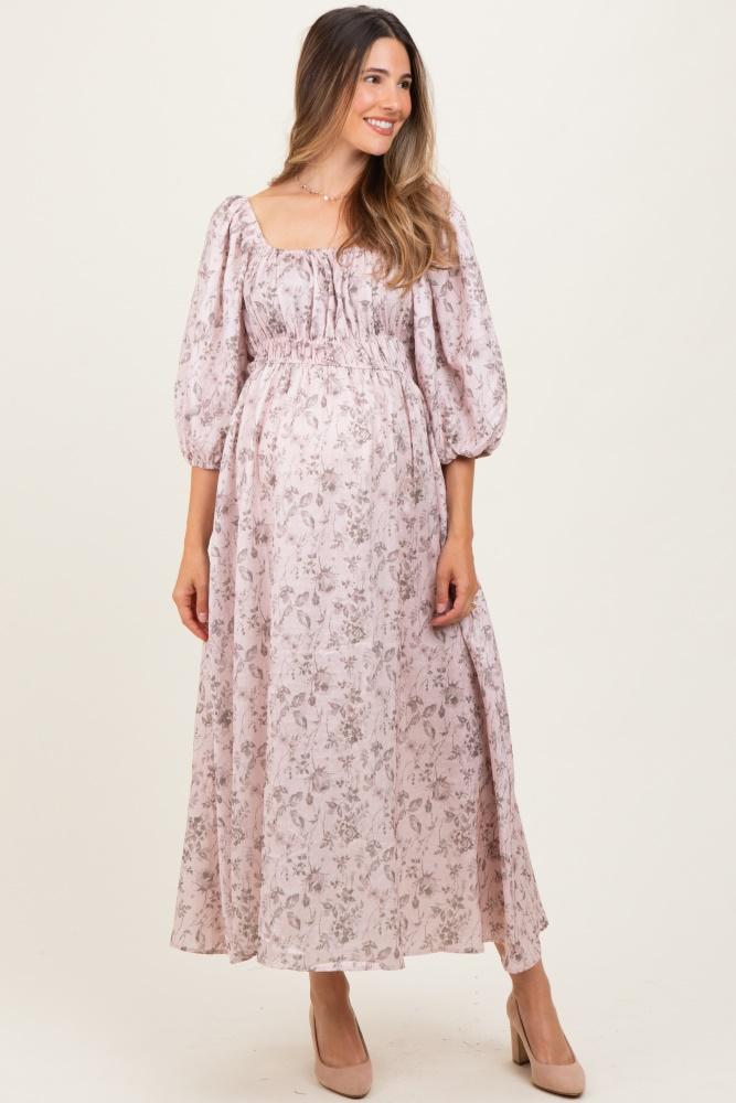 light pink floral puff sleeve smocked waist maternity midi dress