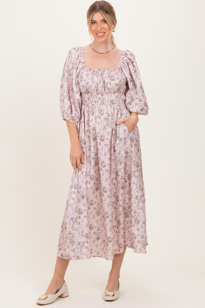 light pink floral puff sleeve smocked waist midi dress