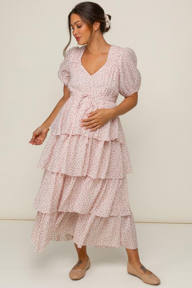 light pink floral ruffle tiered maternity maxi dress