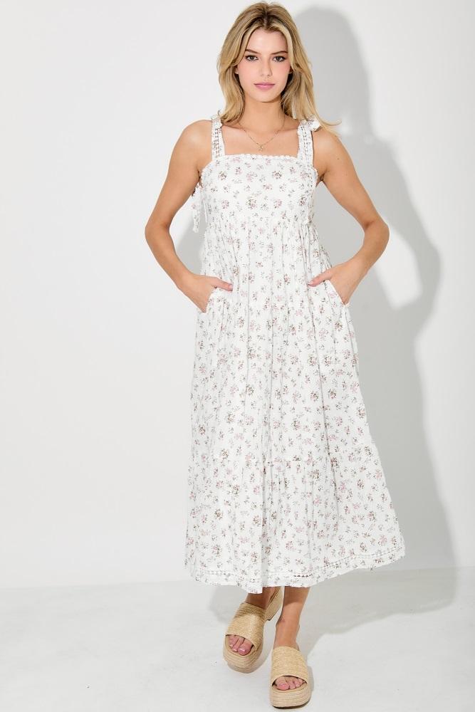 light pink floral shoulder tie midi dress