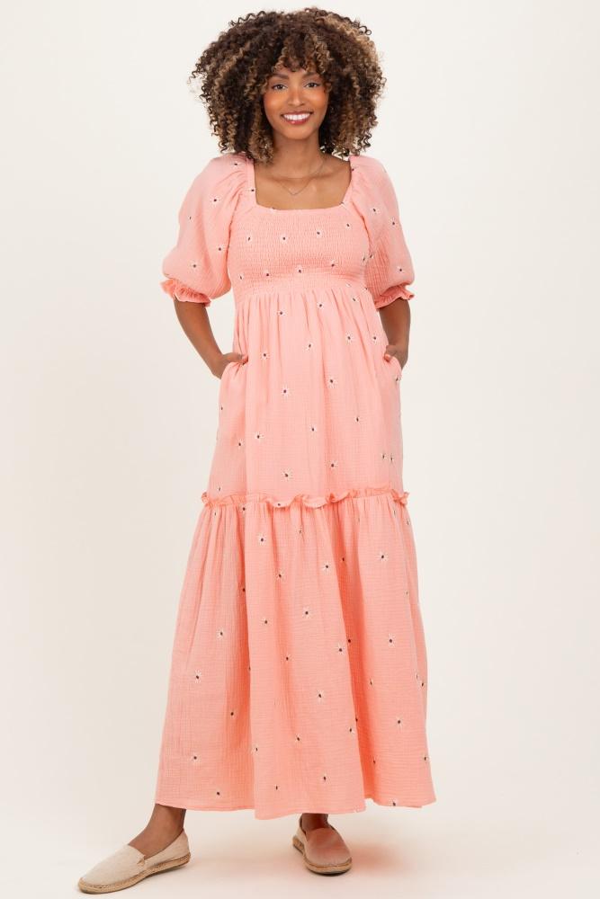 light pink floral smocked puff sleeve maternity maxi dress