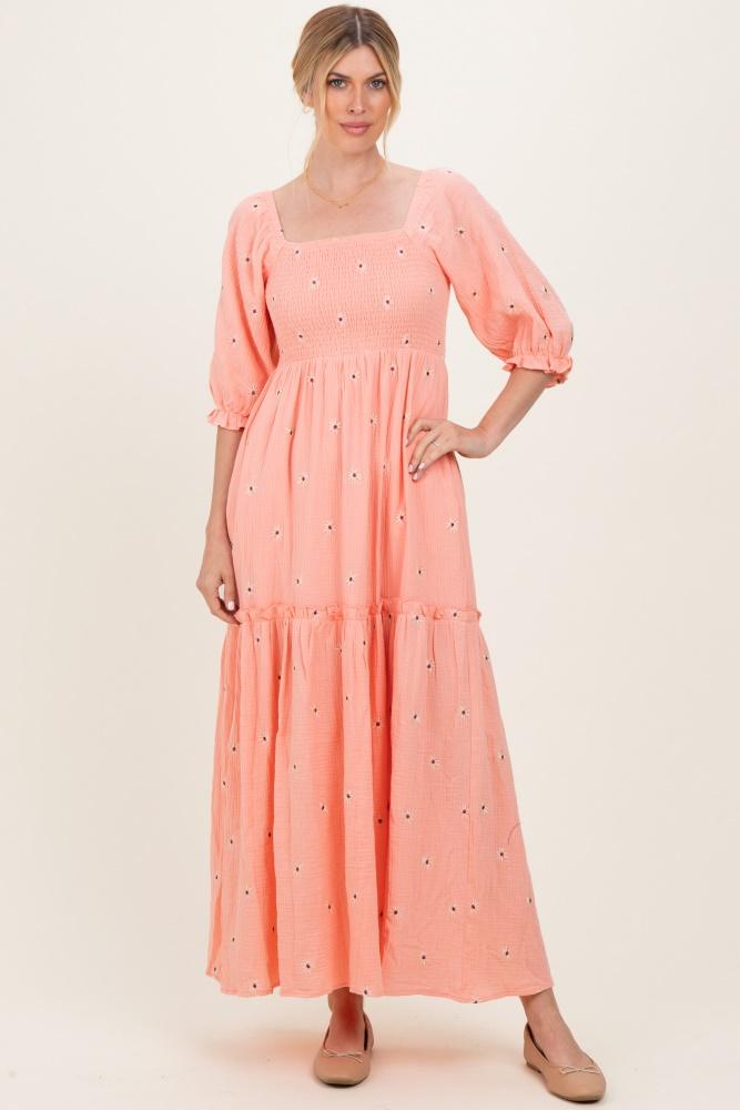 light pink floral smocked puff sleeve maxi dress