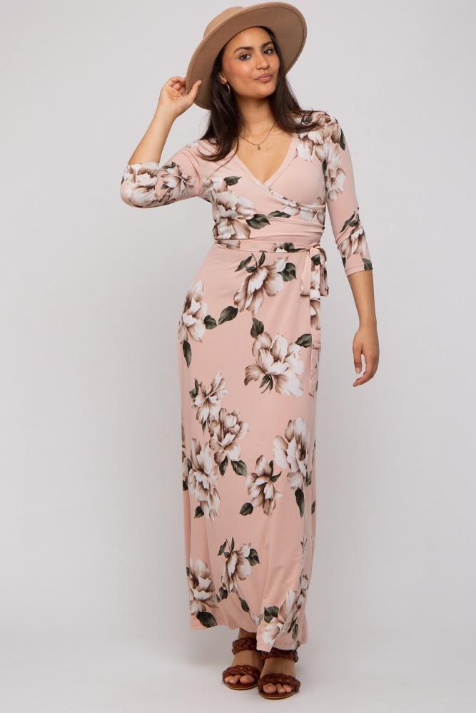light pink floral wrap maxi dress