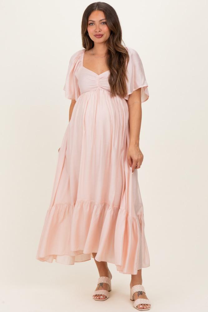 light pink flutter sleeve ruffle hem maternity midi dress