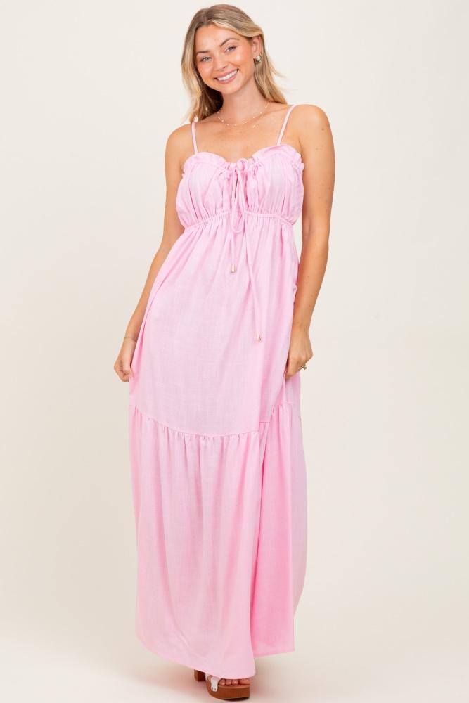 light pink gathered front tie maxi dress