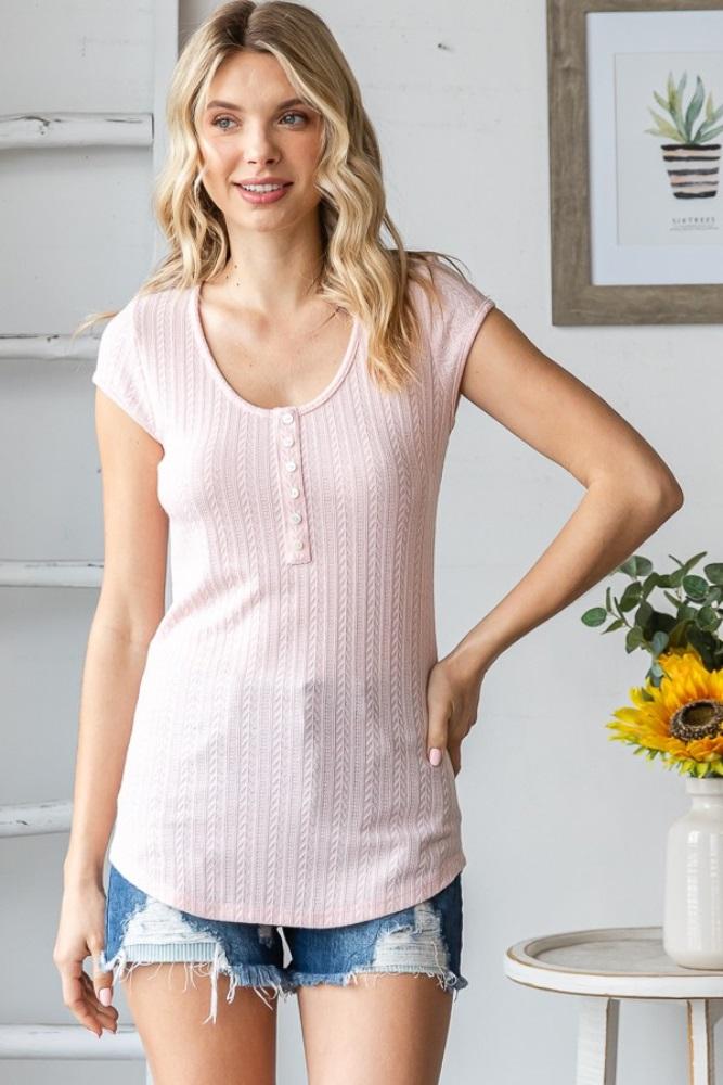light pink jacquard button front short sleeve top
