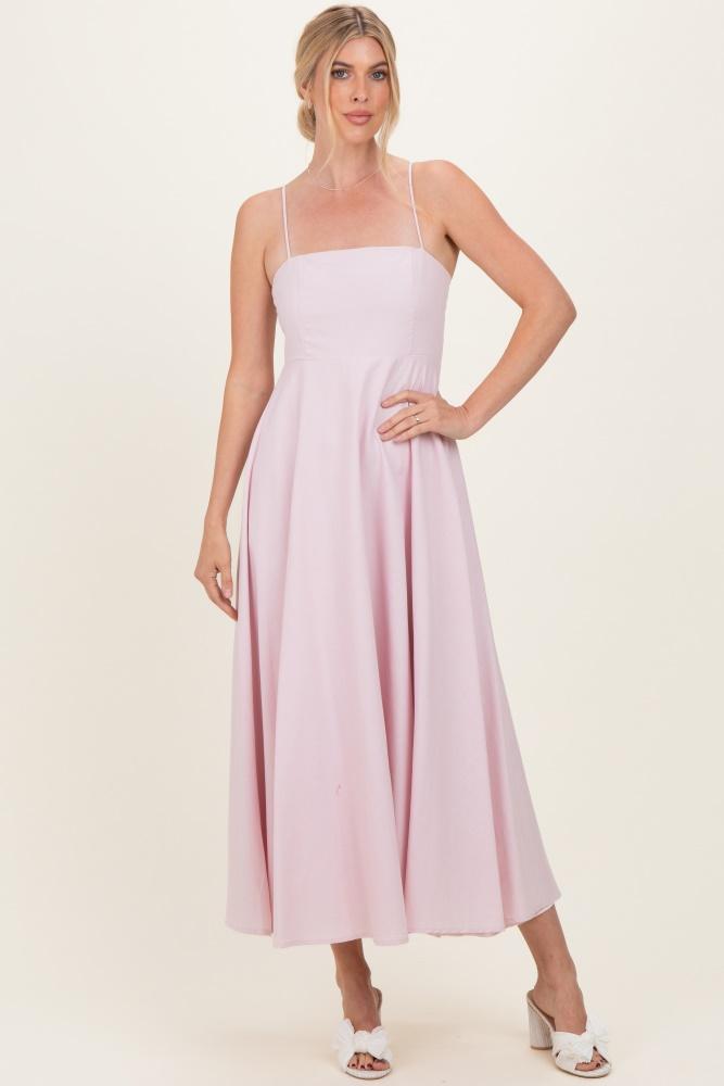 light pink linen a-line flared midi dress