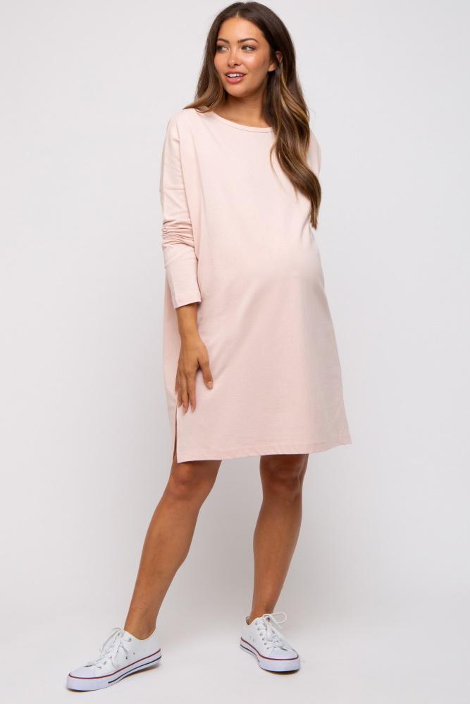 light pink long sleeve maternity shirt dress