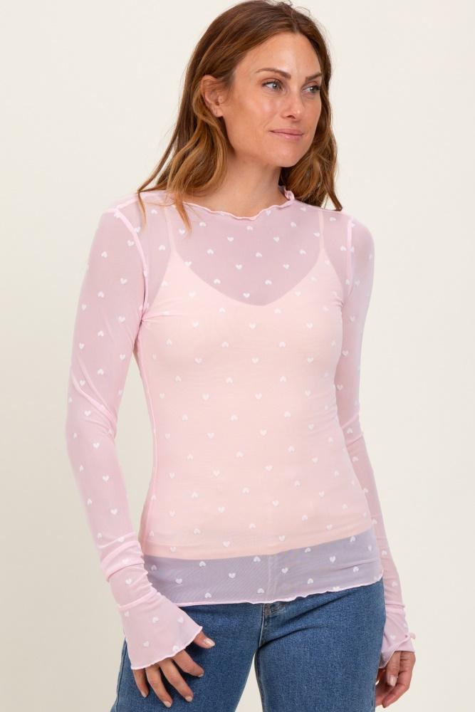 light pink mesh heart high neck long sleeve top