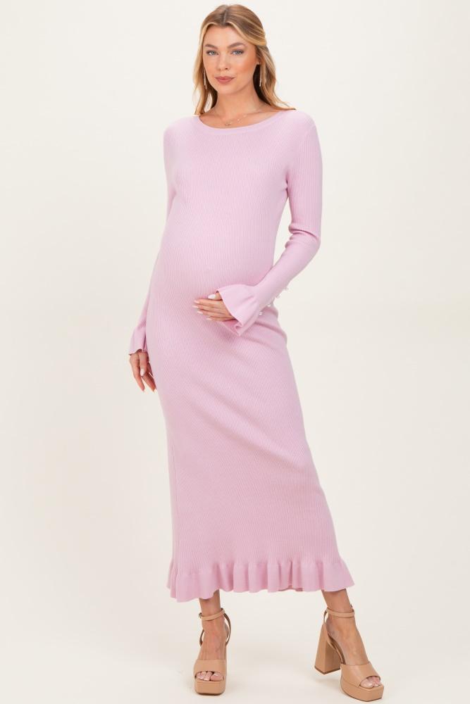 light pink ribbed knit bow back maternity maxi dress