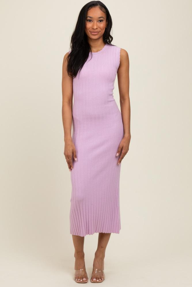 light pink scalloped ribbed knit sleeveless midi dress