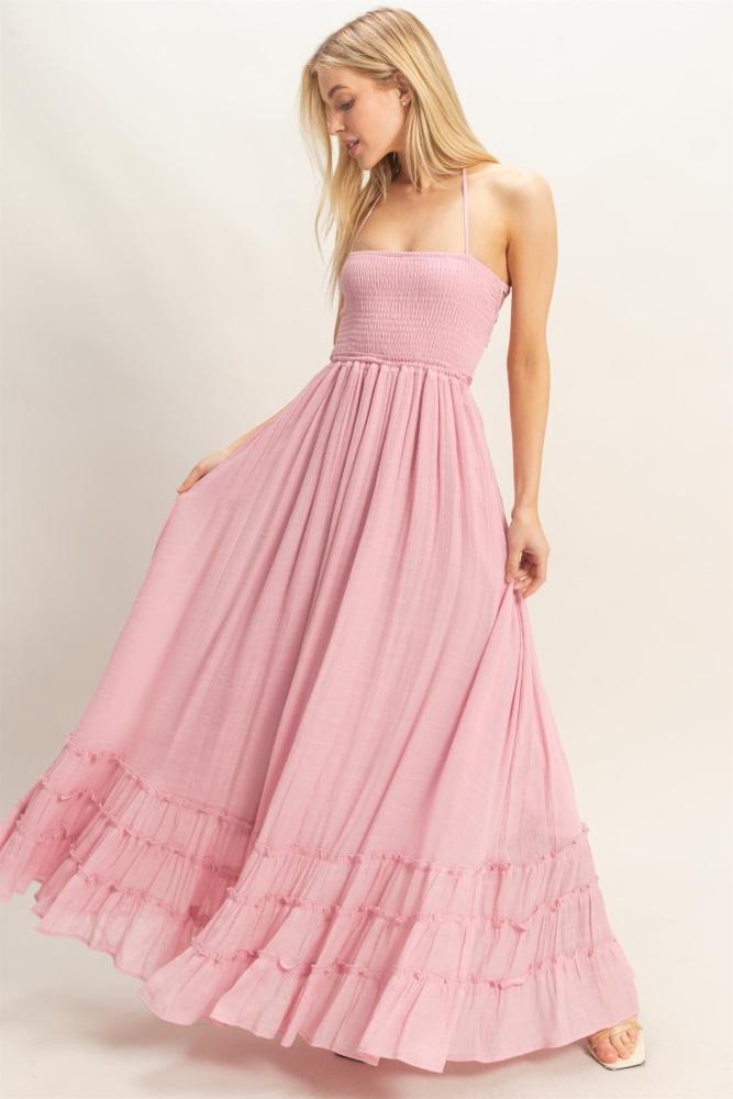 light pink smocked halter open back maxi dress
