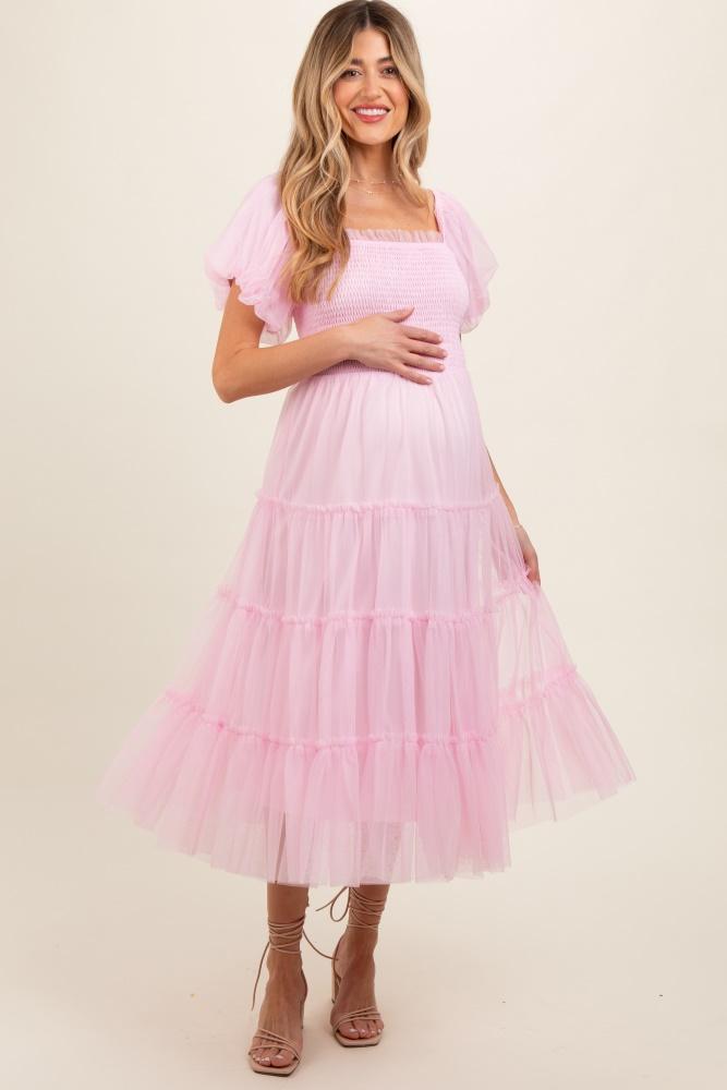 light pink smocked tiered tulle maternity midi dress
