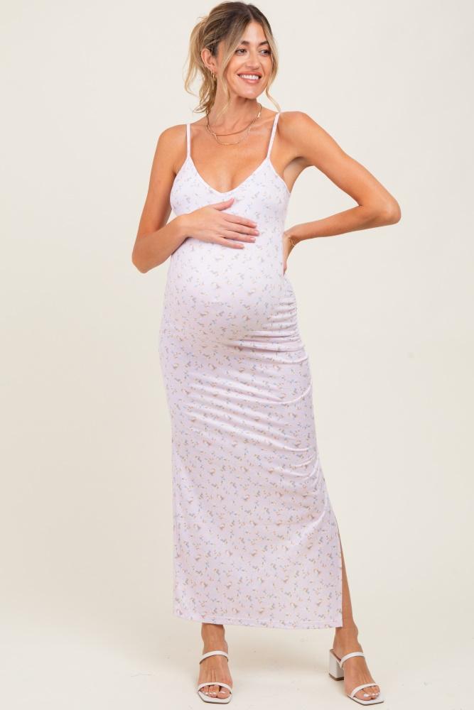 light pink spring floral print sleeveless maternity dress