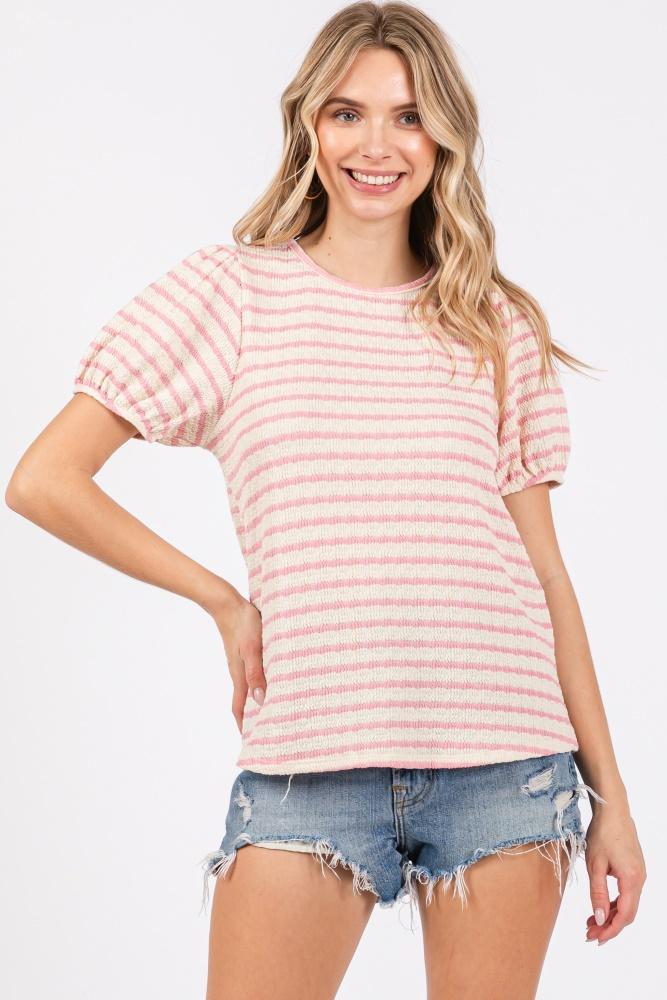 light pink striped textured puff sleeve top