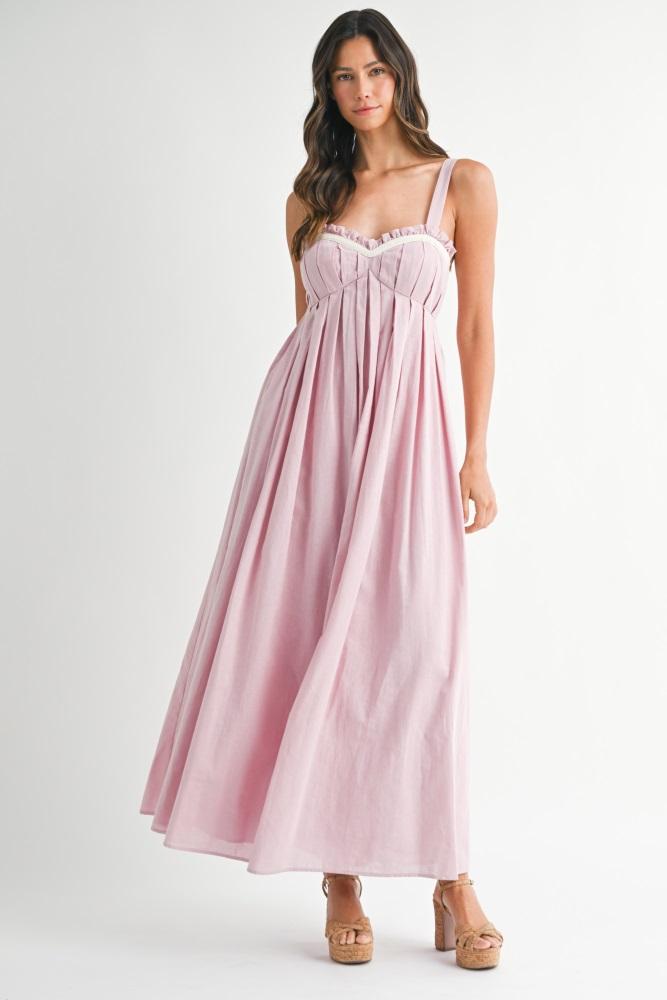 light pink sweetheart neckline open back maxi dress