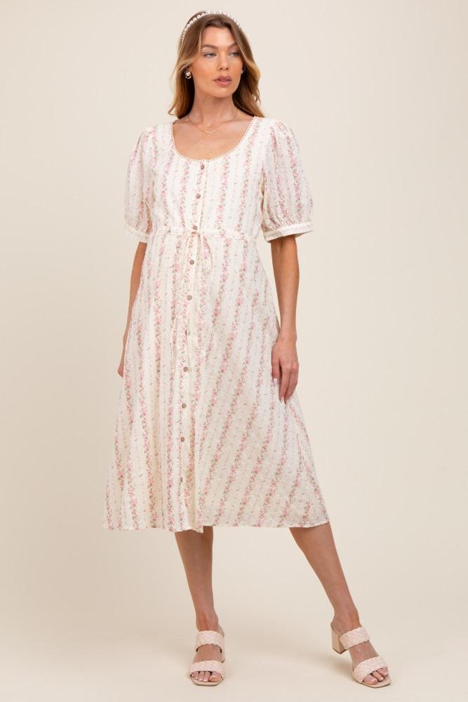 light pink swiss dot floral print button down maternity midi dress